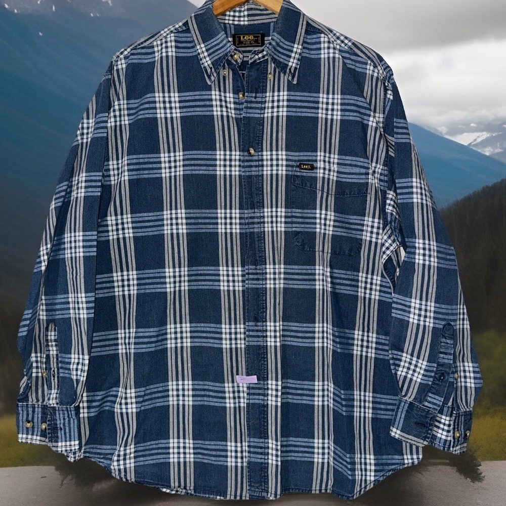 Vintage 90s Lee Sanforized Light Denim Plaid Shirt Button Down Size XL